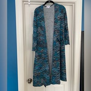 Lularoe Blue and Gray Geometric Design Sarah Cardigan Duster Sweater Size Small